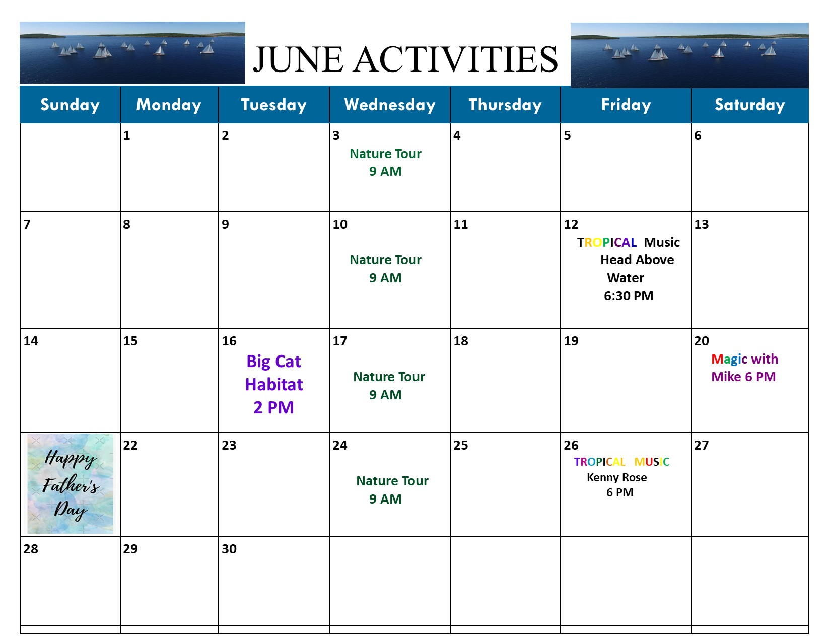 June 2026 activities calendar for Palm Island Resort family-friendly beach vacation rentals